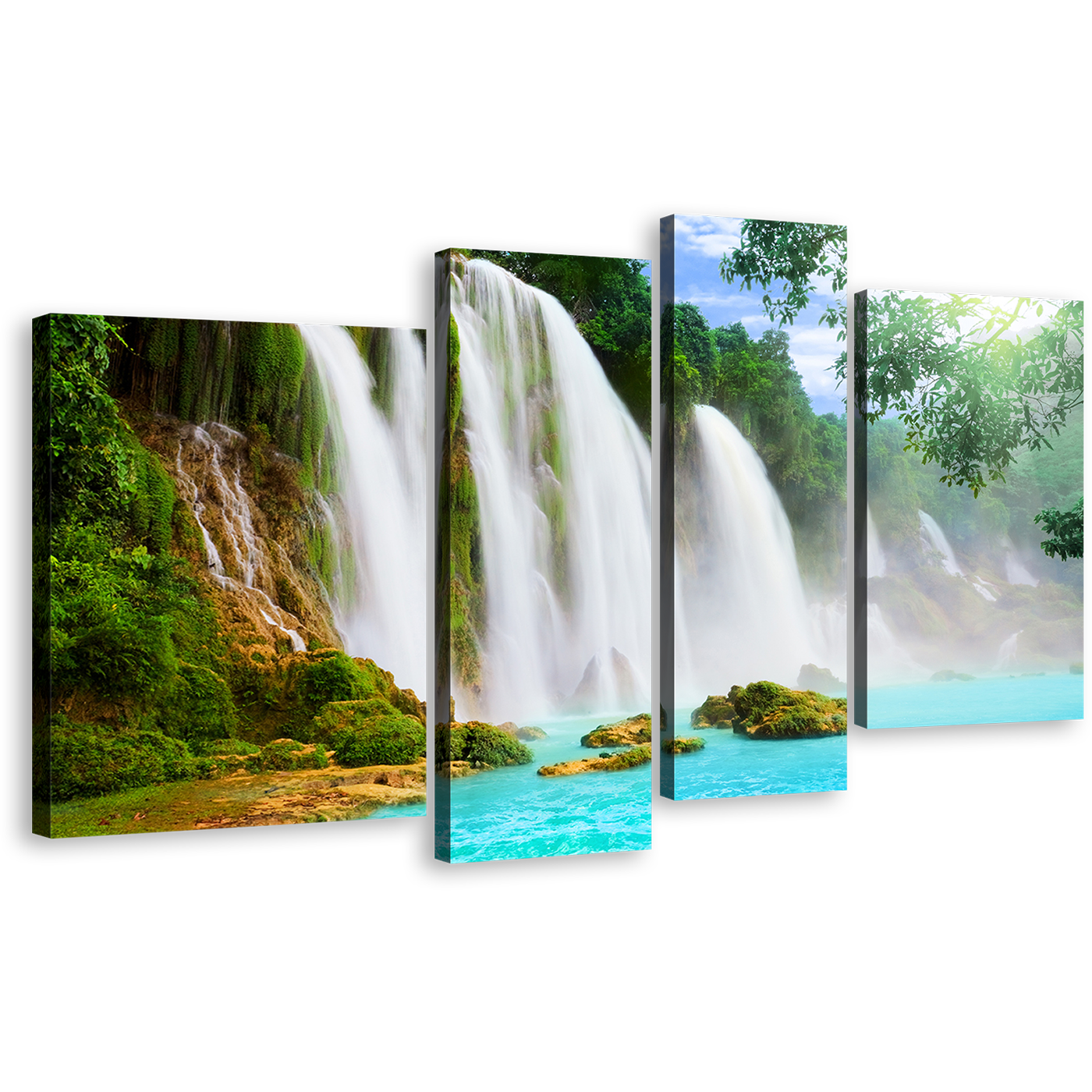 Forest Waterfall Canvas Wall Art, Blue Water Scenic Waterfall Canvas Print, Green Nature Scenery 4 Piece Canvas Set