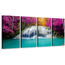 Load image into Gallery viewer, Forest Waterfall Canvas Wall Art, Thailand Colorful Autumn Forest Scenery Canvas Set, Beautiful Erawan Falls 4 Piece Canvas Print
