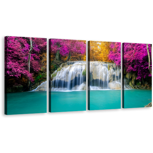 Forest Waterfall Canvas Wall Art, Thailand Colorful Autumn Forest Scenery Canvas Set, Beautiful Erawan Falls 4 Piece Canvas Print