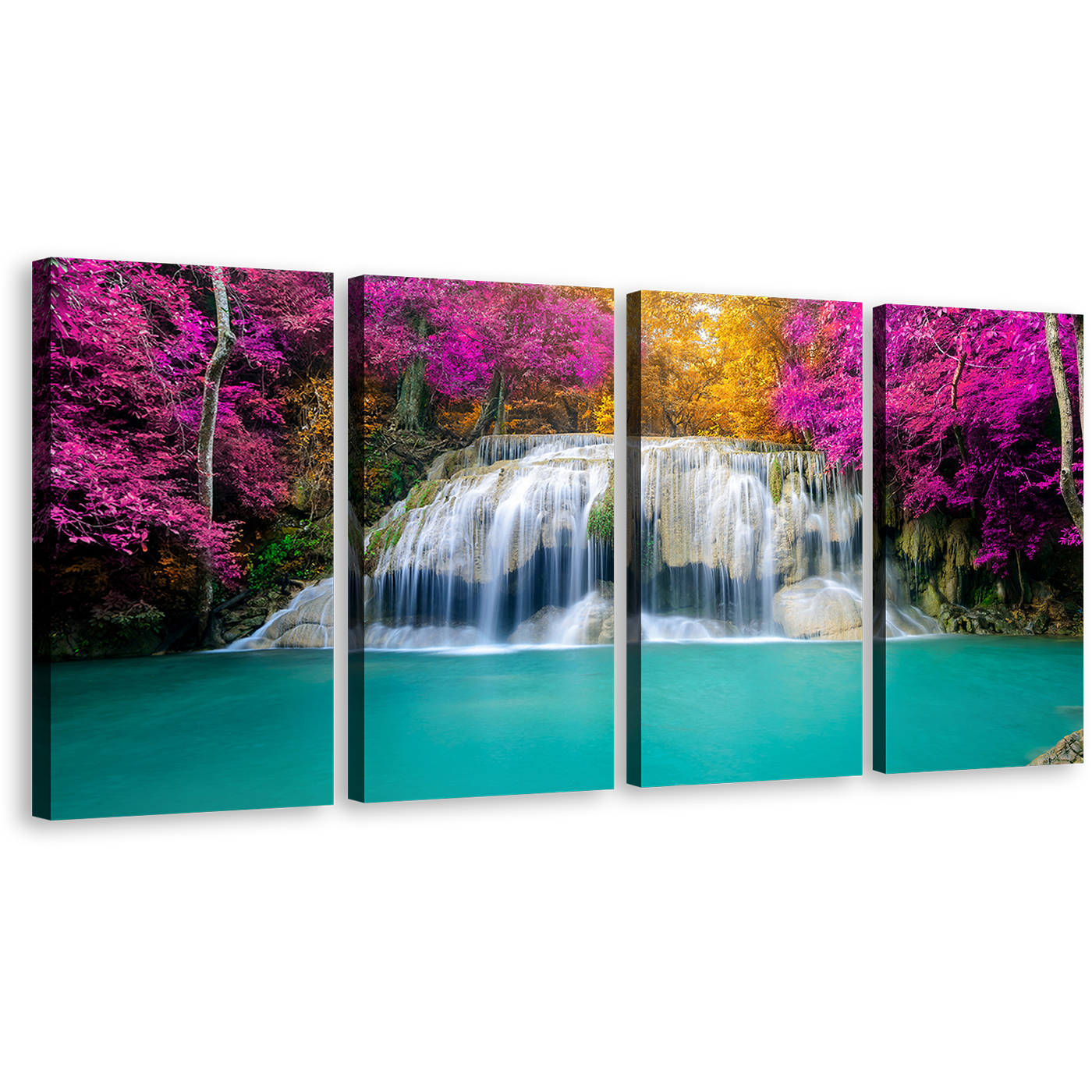 Forest Waterfall Canvas Wall Art, Thailand Colorful Autumn Forest Scenery Canvas Set, Beautiful Erawan Falls 4 Piece Canvas Print