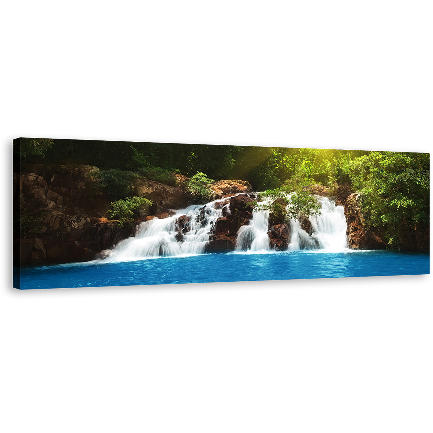 Forest Waterfall Canvas Wall Art, Waterfall Blue Water 1 Piece Canvas, Streaming Water Green Forest Canvas Print