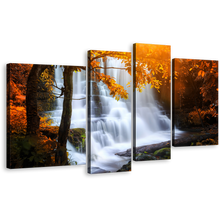 Load image into Gallery viewer, Forest Waterfall Canvas Wall Art, White Mun Daeng Waterfall 4 Piece Multiple Canvas, Orange Yellow Trees Thailand Waterfall Canvas Print
