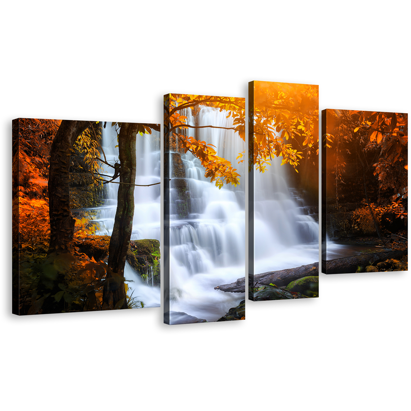 Forest Waterfall Canvas Wall Art, White Mun Daeng Waterfall 4 Piece Multiple Canvas, Orange Yellow Trees Thailand Waterfall Canvas Print