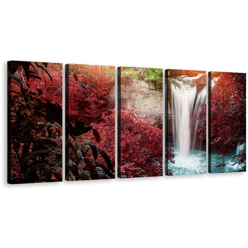 Forest Waterfall Canvas Wall Art, White Scenic Waterfall Scenery 5 Piece Multi Canvas Artwork, Red Trees Waterfall Nature Canvas Print