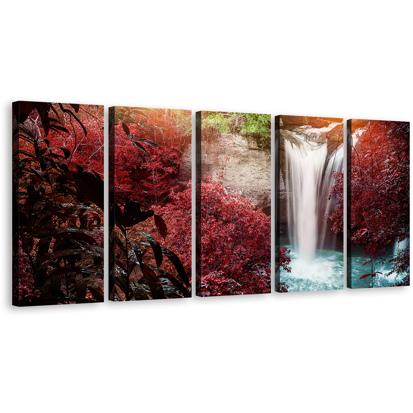 Forest Waterfall Canvas Wall Art, White Scenic Waterfall Scenery 5 Piece Multi Canvas Artwork, Red Trees Waterfall Nature Canvas Print