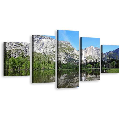 Forest Waterfall Canvas Wall Art, White Sierra Nevada Mountains Waterfall Canvas Print, California Green Yosemite National Park 5 Piece Canvas