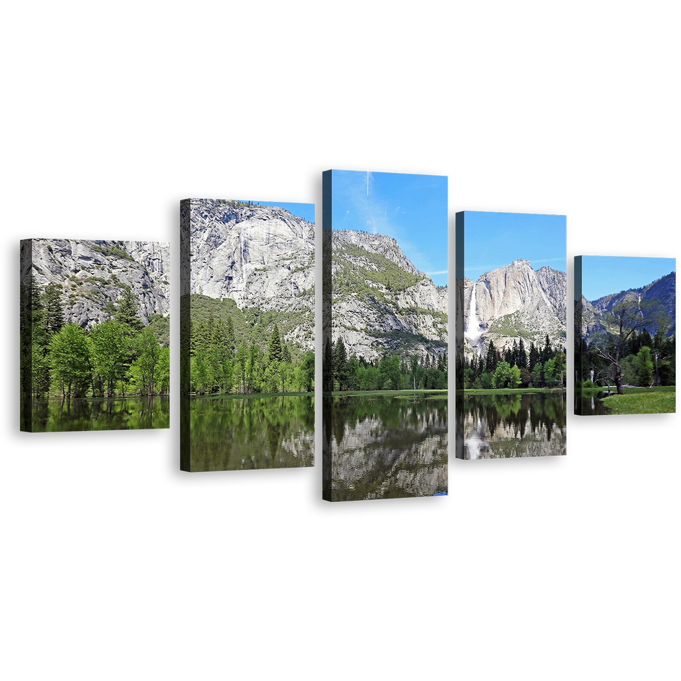 Forest Waterfall Canvas Wall Art, White Sierra Nevada Mountains Waterfall Canvas Print, California Green Yosemite National Park 5 Piece Canvas