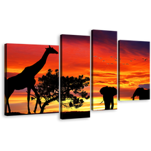 Load image into Gallery viewer, Forest Wildlife Wall Art, Yellow Sunset Elephant Silhouette 4 Piece Canvas Print, Orange Sky Giraffe Landscape Multiple Canvas
