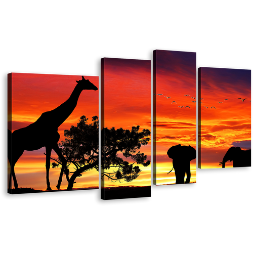 Forest Wildlife Wall Art, Yellow Sunset Elephant Silhouette 4 Piece Canvas Print, Orange Sky Giraffe Landscape Multiple Canvas