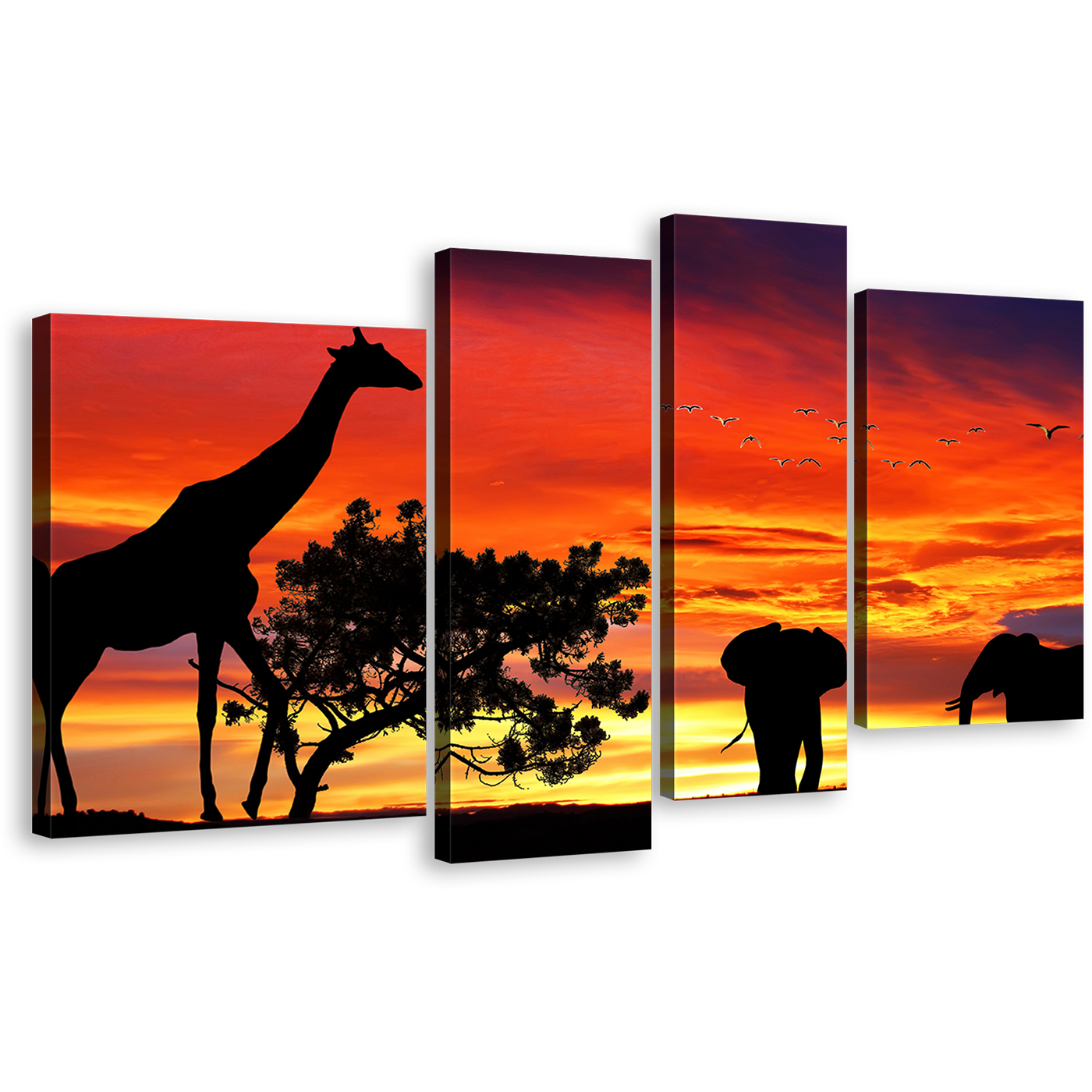 Forest Wildlife Wall Art, Yellow Sunset Elephant Silhouette 4 Piece Canvas Print, Orange Sky Giraffe Landscape Multiple Canvas