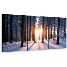 Load image into Gallery viewer, Forest Winter Wall Art Yellow Sunset Between Trees Triptych Canvas Print, Black Trees Strains Multi Canvas
