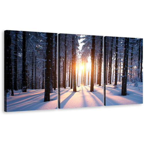 Forest Winter Wall Art Yellow Sunset Between Trees Triptych Canvas Print, Black Trees Strains Multi Canvas