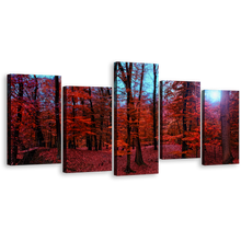 Load image into Gallery viewer, Forest Woodlands Canvas Wall Art, Mystic Blue Forest Sunlight Canvas Print, Red 5 Piece Canvas Multiple Canvas
