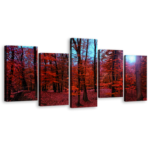Forest Woodlands Canvas Wall Art, Mystic Blue Forest Sunlight Canvas Print, Red 5 Piece Canvas Multiple Canvas