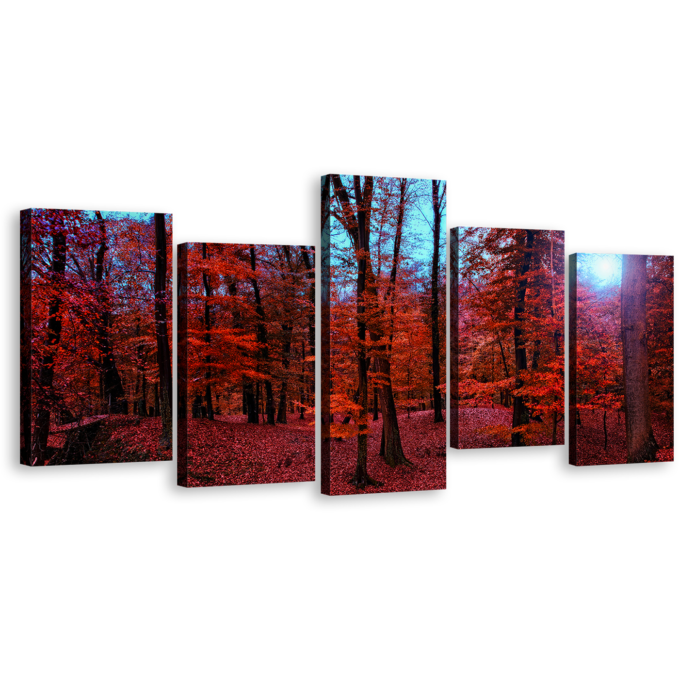 Forest Woodlands Canvas Wall Art, Mystic Blue Forest Sunlight Canvas Print, Red 5 Piece Canvas Multiple Canvas