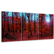 Load image into Gallery viewer, Forest Woodlands Canvas Wall Art, Mystic Blue Forest Sunlight Triptych Canvas Set, Red 3 Piece Canvas Print
