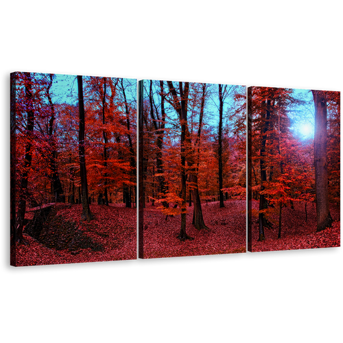 Forest Woodlands Canvas Wall Art, Mystic Blue Forest Sunlight Triptych Canvas Set, Red 3 Piece Canvas Print