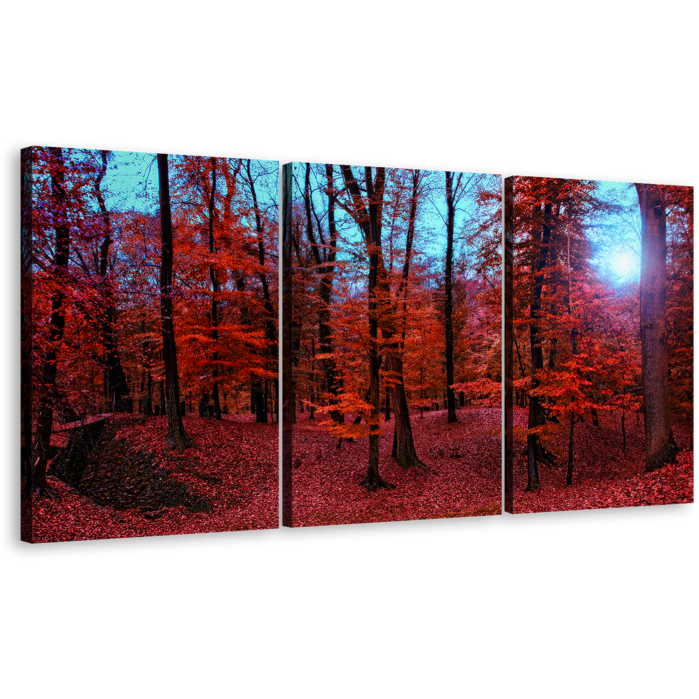 Forest Woodlands Canvas Wall Art, Mystic Blue Forest Sunlight Triptych Canvas Set, Red 3 Piece Canvas Print