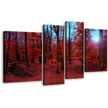 Load image into Gallery viewer, Forest Woodlands Canvas Wall Art, Red 4 Piece Canvas Set, Mystic Blue Forest Sunlight Canvas Print
