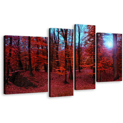 Forest Woodlands Canvas Wall Art, Red 4 Piece Canvas Set, Mystic Blue Forest Sunlight Canvas Print