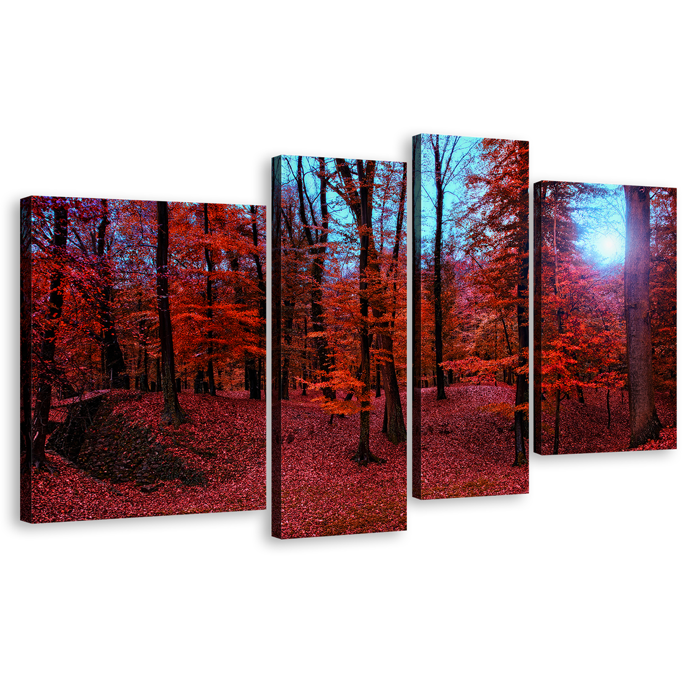 Forest Woodlands Canvas Wall Art, Red 4 Piece Canvas Set, Mystic Blue Forest Sunlight Canvas Print