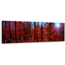 Load image into Gallery viewer, Forest Woodlands Canvas Wall Art, Red Panoramic Canvas, Mystic Blue Forest Sunlight Canvas Print
