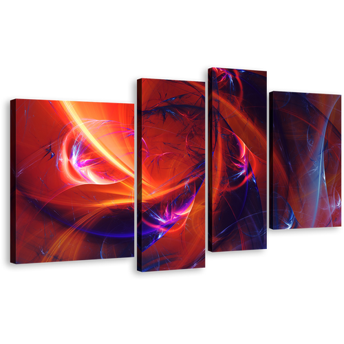 Fractal Abstract Canvas Wall Art, Abstract Patterns Design 4 Piece Canvas, Red Blue Bright Abstract Glow Canvas Print