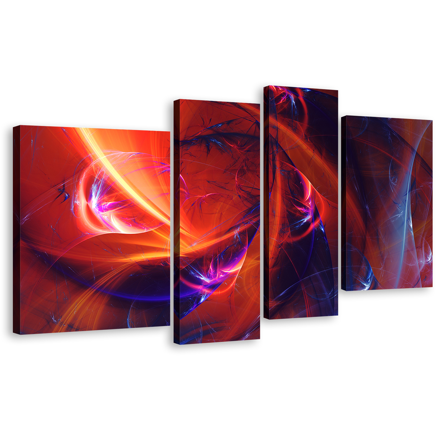 Fractal Abstract Canvas Wall Art, Abstract Patterns Design 4 Piece Canvas, Red Blue Bright Abstract Glow Canvas Print