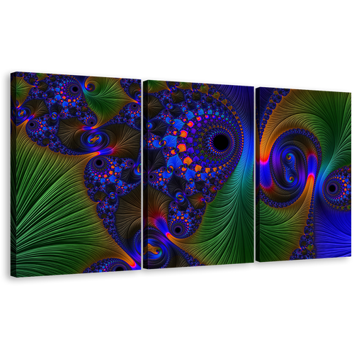 Fractal Abstraction Canvas Wall Art, Green Deep Abstract Art Print, Blue Elegant Abstract 3 Piece Multi Canvas Artwork