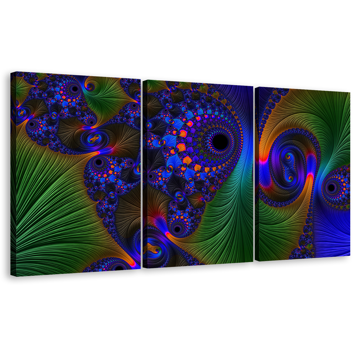 Fractal Abstraction Canvas Wall Art, Green Deep Abstract Art Print, Blue Elegant Abstract 3 Piece Multi Canvas Artwork