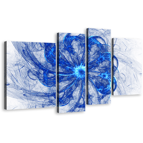 Fractal Circle Canvas Wall Art, Blue Bright Abstract Glow Canvas Print, White Abstract Digital Artwork 4 Piece Canvas Set