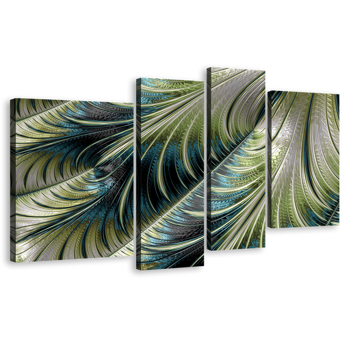 Fractal Element Canvas Wall Art, Abstract Digital Pattern 4 Piece Multi Canvas Artwork, Blue Green Abstract Art Print