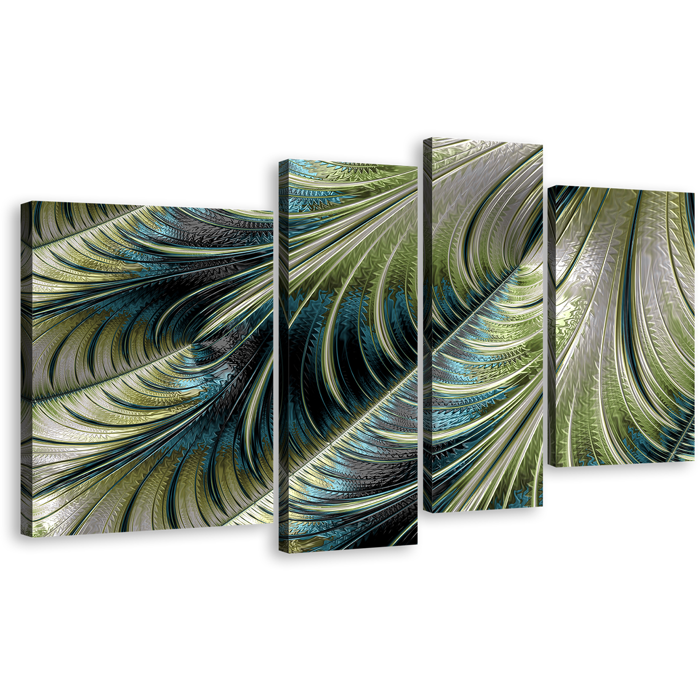 Fractal Element Canvas Wall Art, Abstract Digital Pattern 4 Piece Multi Canvas Artwork, Blue Green Abstract Art Print