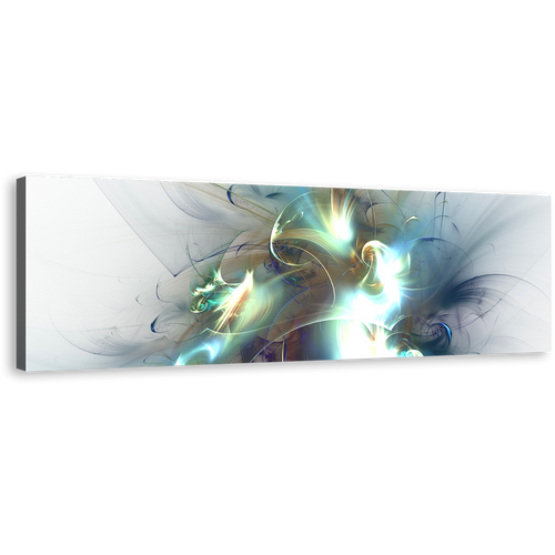 Fractal Glow Canvas Wall Art, White Elegant Abstract Panoramic Canvas, Blue Green Abstract Canvas Artwork