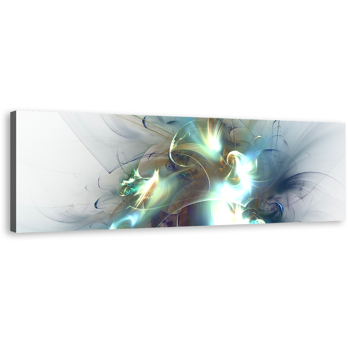 Fractal Glow Canvas Wall Art, White Elegant Abstract Panoramic Canvas, Blue Green Abstract Canvas Artwork