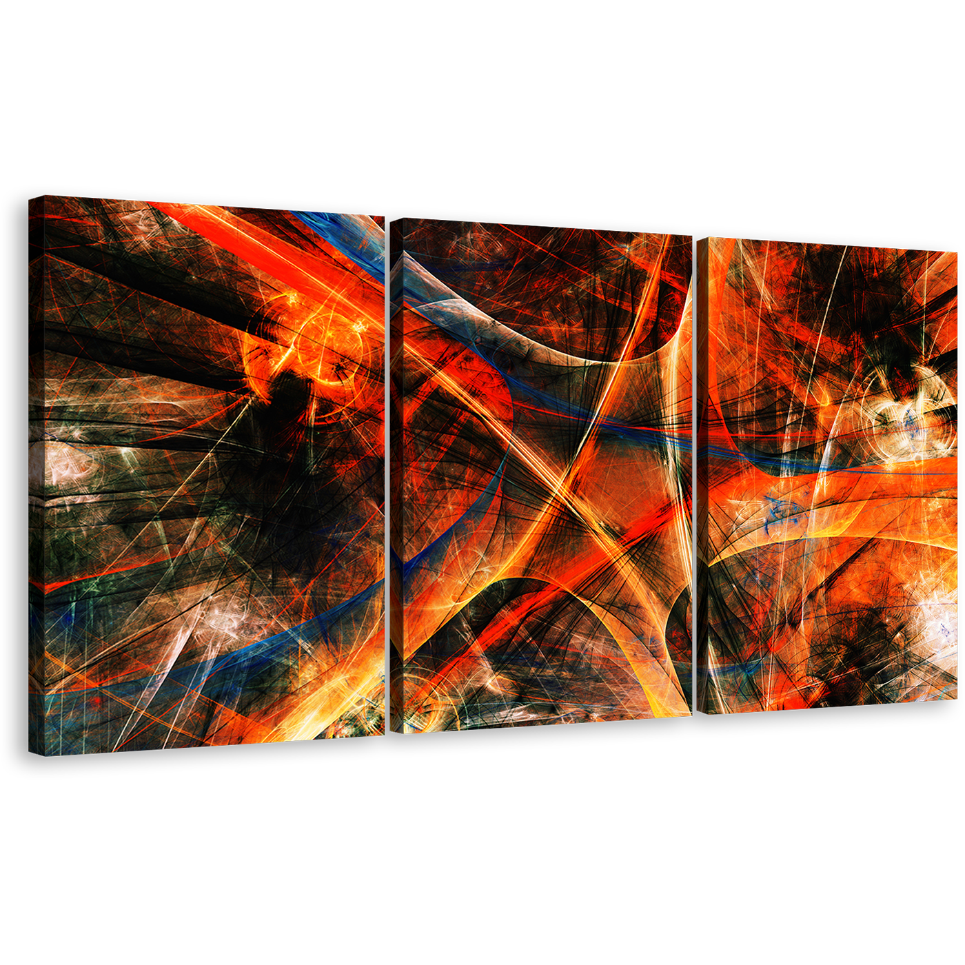 Fractal Graphics Canvas Wall Art, Modern Abstract 3 Piece Canvas, Orange Fractal Abstraction Multiple Canvas, Black Deep Abstract Digital Print