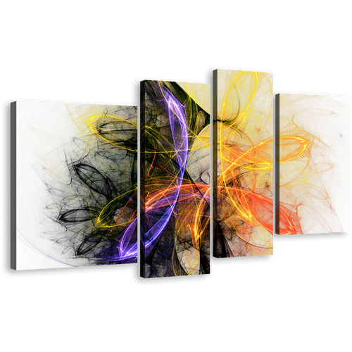 Fractal Lights Canvas Wall Art, Beautiful Bright Abstract 4 Piece Canvas Set, Colorful Abstract Lines Canvas Print