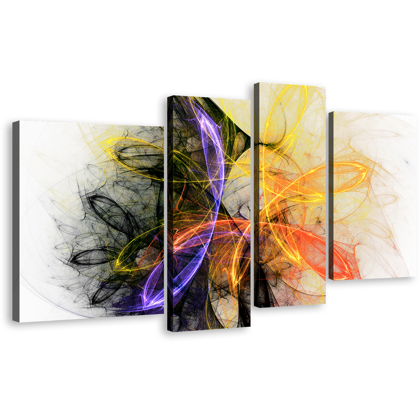 Fractal Lights Canvas Wall Art, Beautiful Bright Abstract 4 Piece Canvas Set, Colorful Abstract Lines Canvas Print