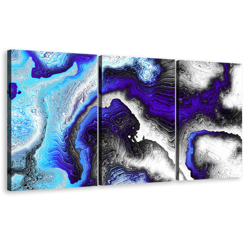 Fractal Pattern Canvas Print, Modern Liquid Texture 3 Piece Wall Art, Blue Black Abstract Canvas Set