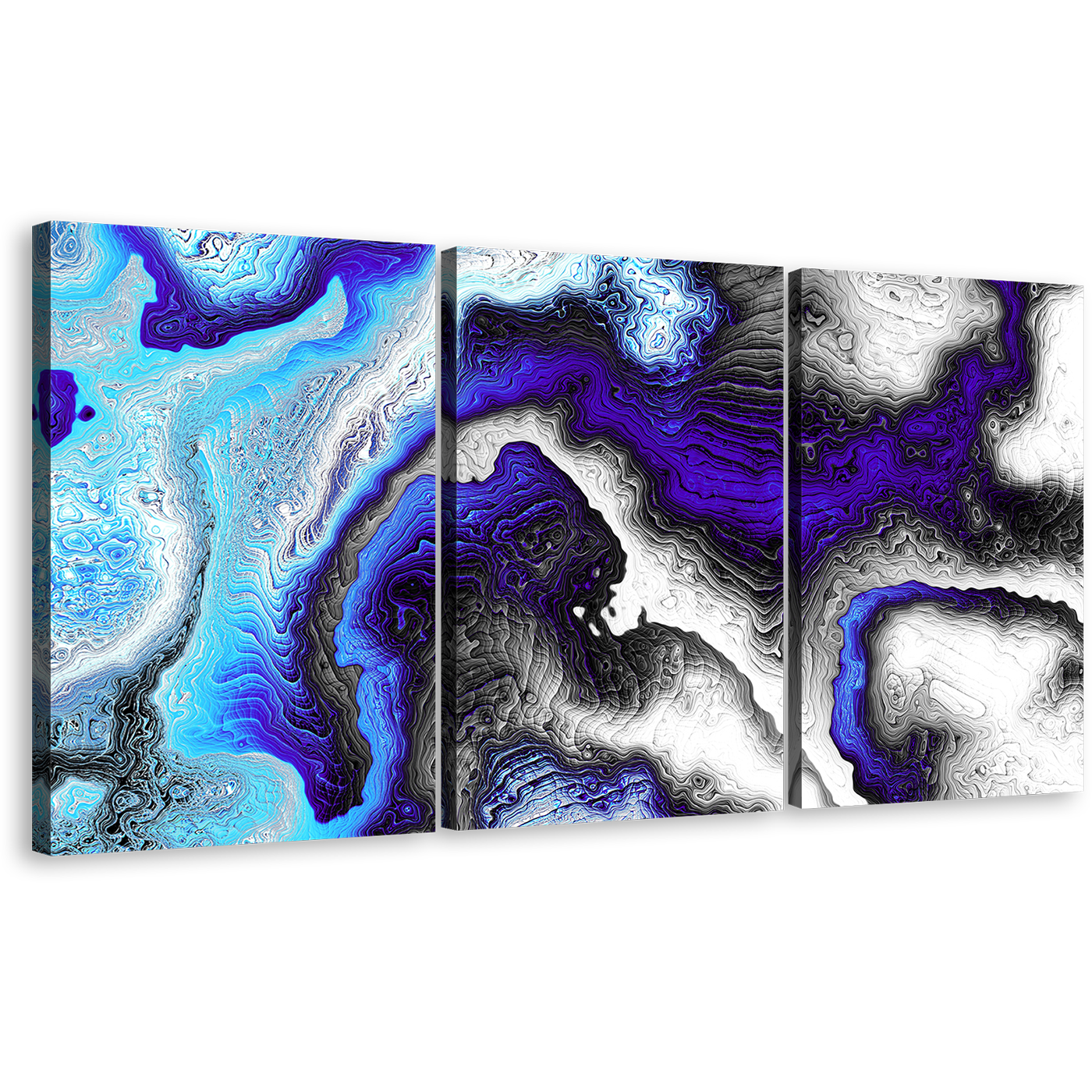 Fractal Pattern Canvas Print, Modern Liquid Texture 3 Piece Wall Art, Blue Black Abstract Canvas Set