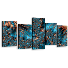 Load image into Gallery viewer, Fractal Texture Canvas Wall Art, Brown Abstract Fantasy Art Print, Blue Elegant Abstract Fractal 5 Piece Multi Canvas
