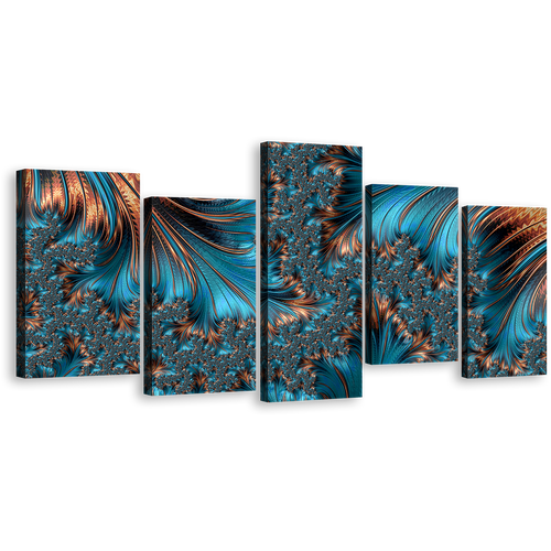 Fractal Texture Canvas Wall Art, Brown Abstract Fantasy Art Print, Blue Elegant Abstract Fractal 5 Piece Multi Canvas