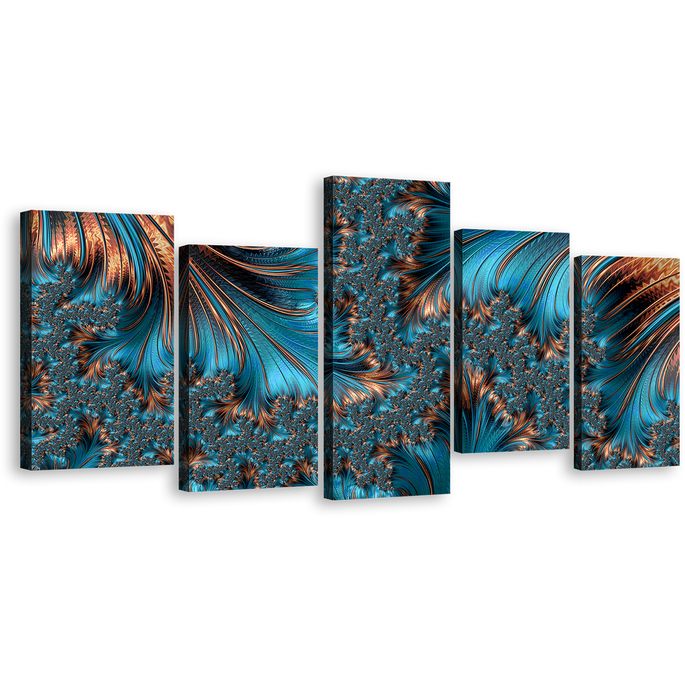 Fractal Texture Canvas Wall Art, Brown Abstract Fantasy Art Print, Blue Elegant Abstract Fractal 5 Piece Multi Canvas