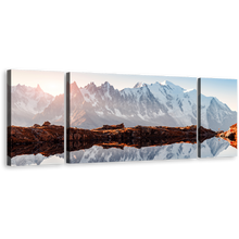 Load image into Gallery viewer, France Alps Canvas Print, Chesery Lake Canvas Set, Brown Landscape Canvas Wall Art, White Monte Bianco Mountain Sunset 3 Piece Canvas
