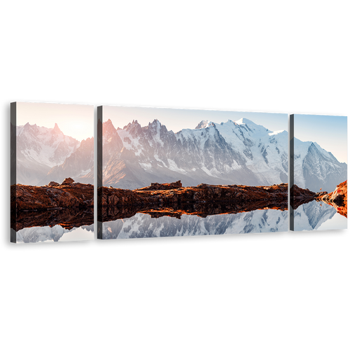 France Alps Canvas Print, Chesery Lake Canvas Set, Brown Landscape Canvas Wall Art, White Monte Bianco Mountain Sunset 3 Piece Canvas