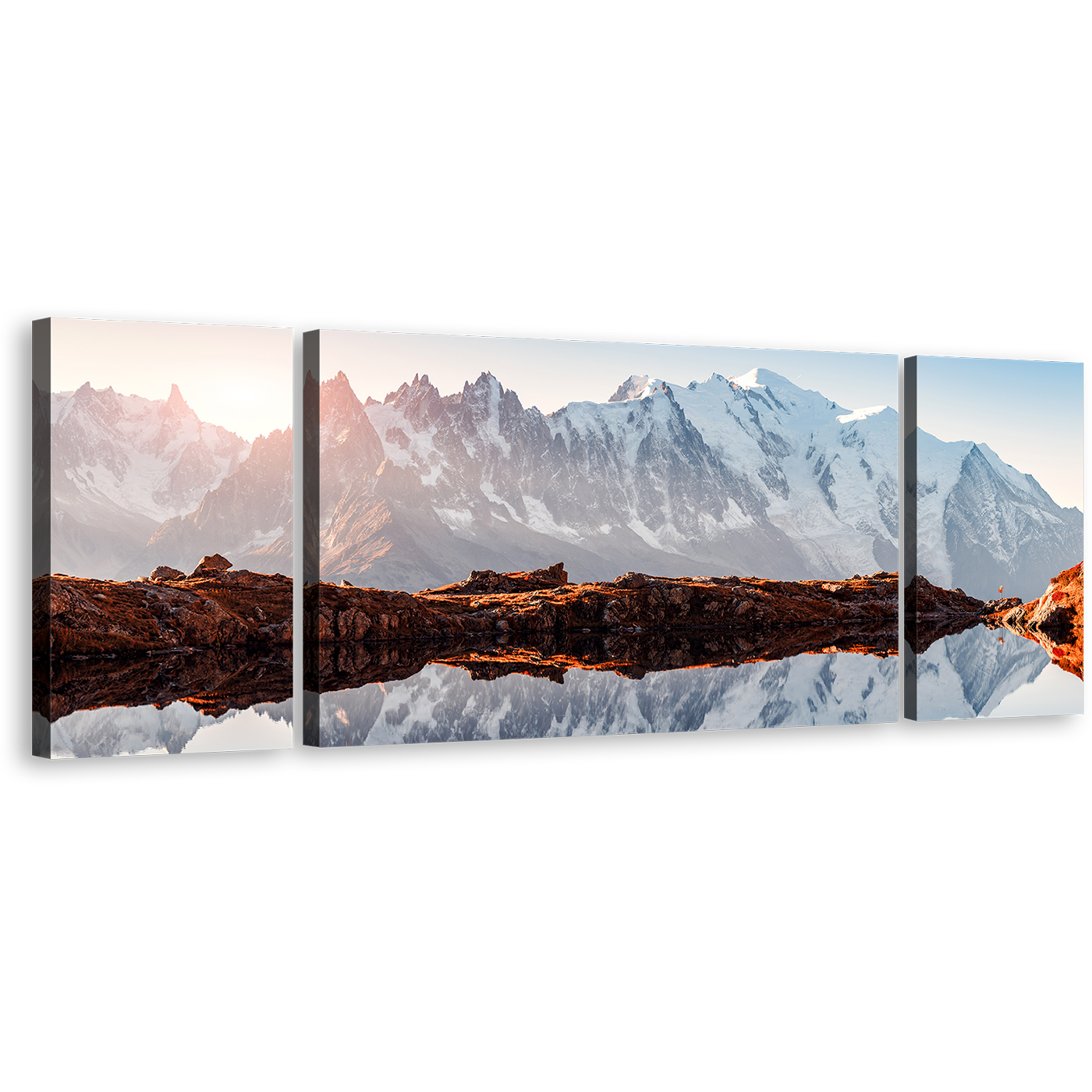 France Alps Canvas Print, Chesery Lake Canvas Set, Brown Landscape Canvas Wall Art, White Monte Bianco Mountain Sunset 3 Piece Canvas