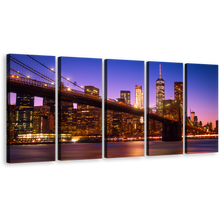 Load image into Gallery viewer, Freedom Tower Canvas Wall Art, Blue Sky Manhattan Skyline Canvas Print, New York Brown Brooklyn Bridge 5 Piece Multi Canvas Artwork
