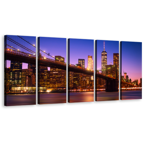 Freedom Tower Canvas Wall Art, Blue Sky Manhattan Skyline Canvas Print, New York Brown Brooklyn Bridge 5 Piece Multi Canvas Artwork