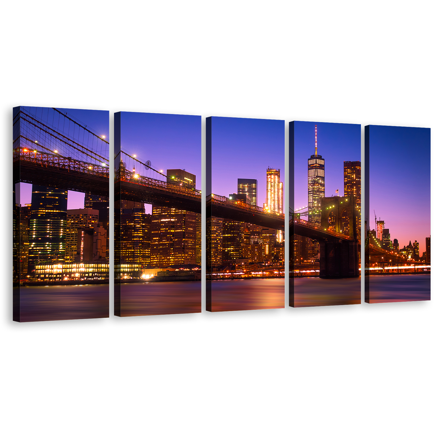 Freedom Tower Canvas Wall Art, Blue Sky Manhattan Skyline Canvas Print, New York Brown Brooklyn Bridge 5 Piece Multi Canvas Artwork