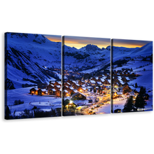 Load image into Gallery viewer, French Alps Canvas Print, France Blue Mountain Landscape 3 Piece Canvas Wall Art, France Yellow Lights Ski Resort Triptych Canvas Set
